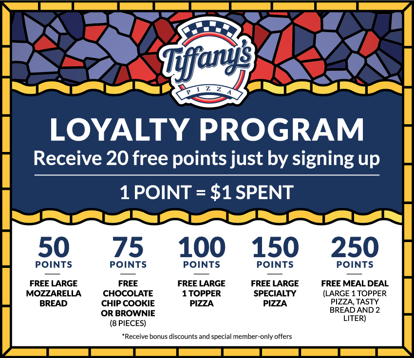 tiffany's pizza loyalty rewards program points chart